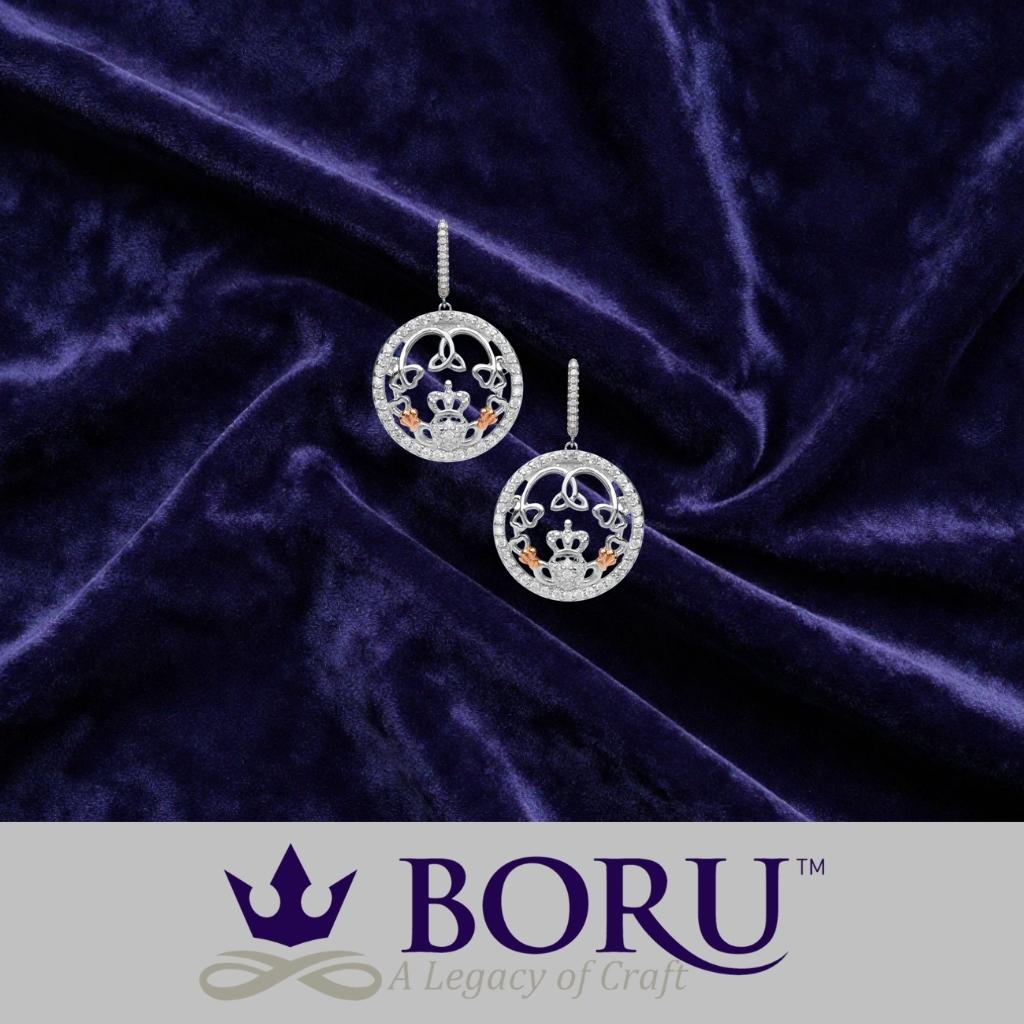 Sterling Silver Rose Gold Claddagh CZ Drop Earrings