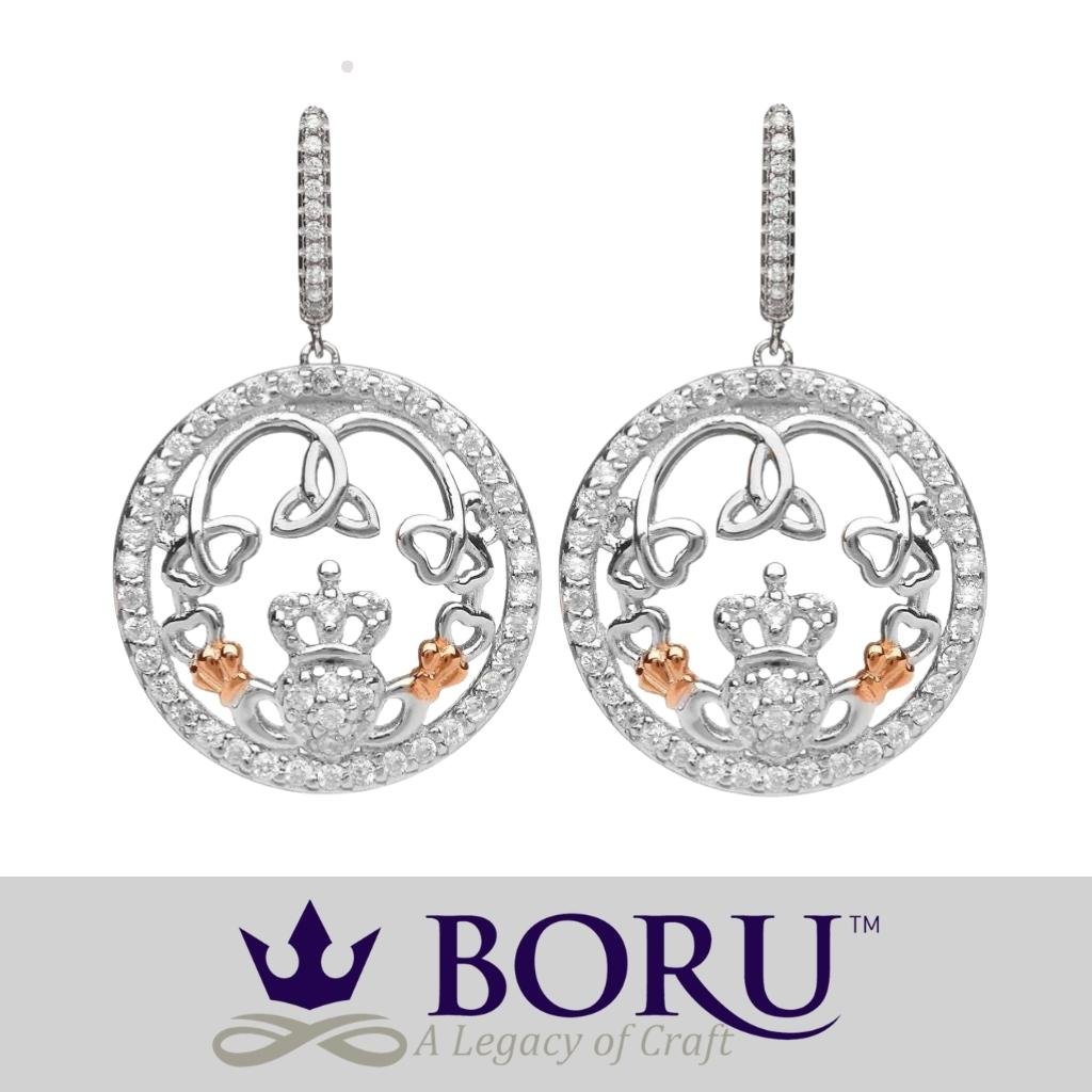 Sterling Silver Rose Gold Claddagh CZ Drop Earrings