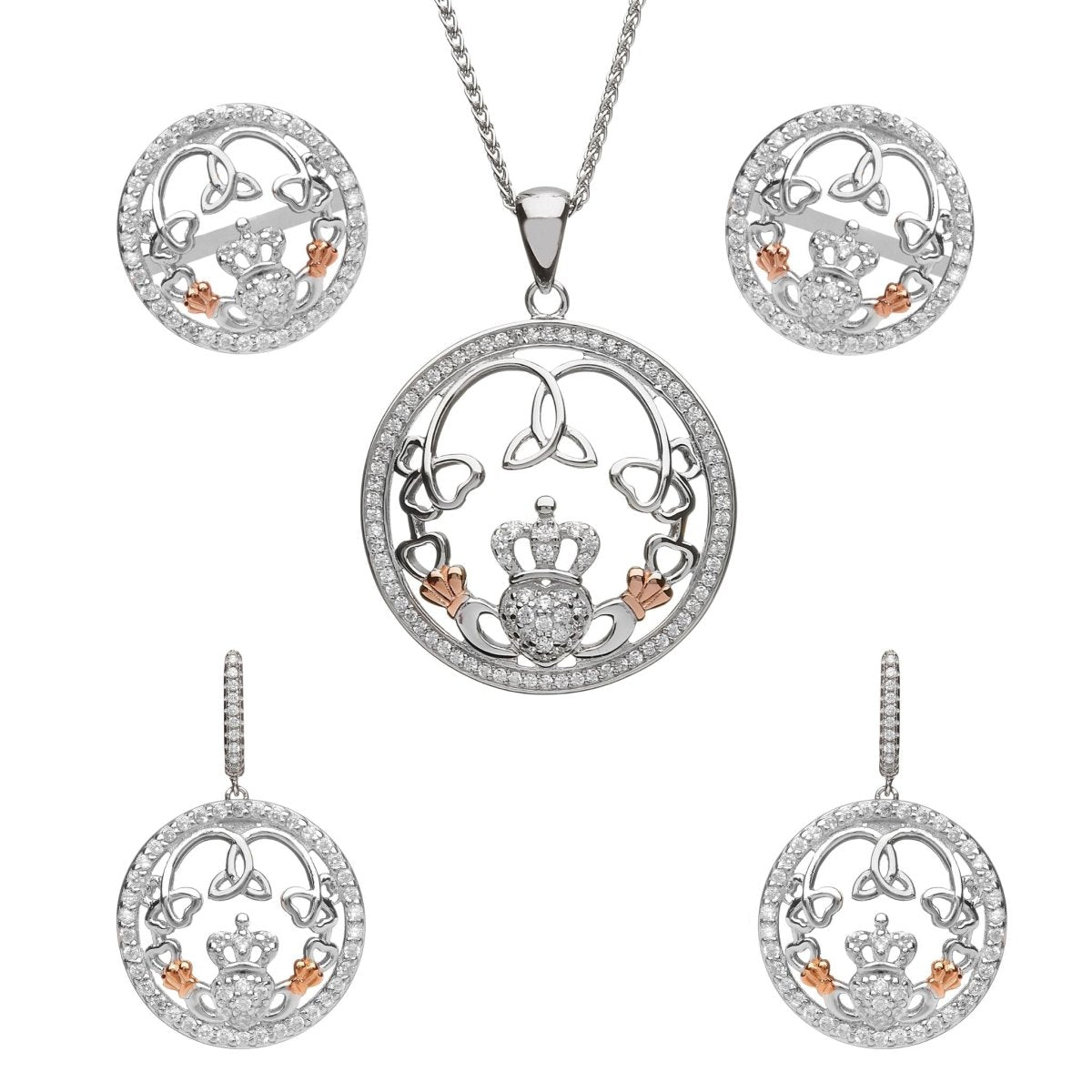 Sterling Silver Rose Gold Claddagh CZ Drop Earrings - The Celtic Gift Store - Earrings