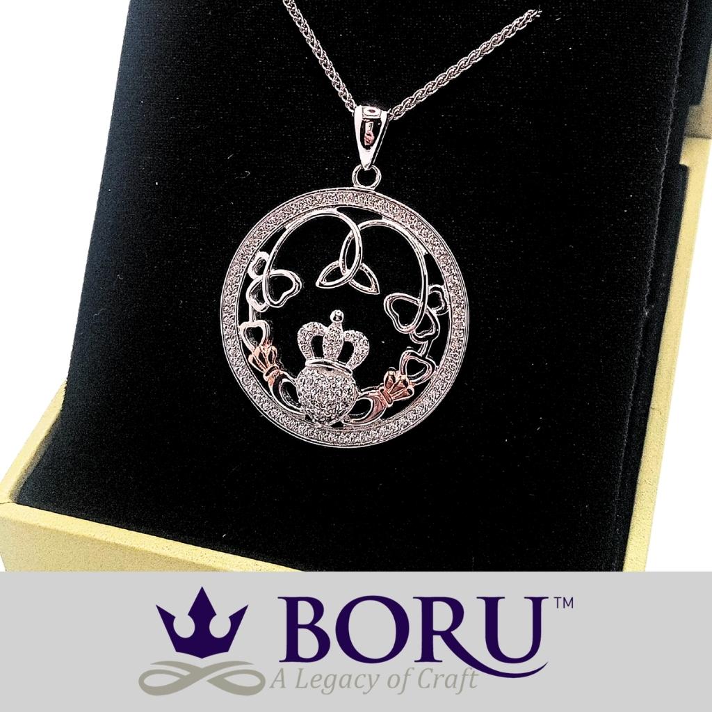 Sterling Silver Rose Gold Claddagh CZ Necklace