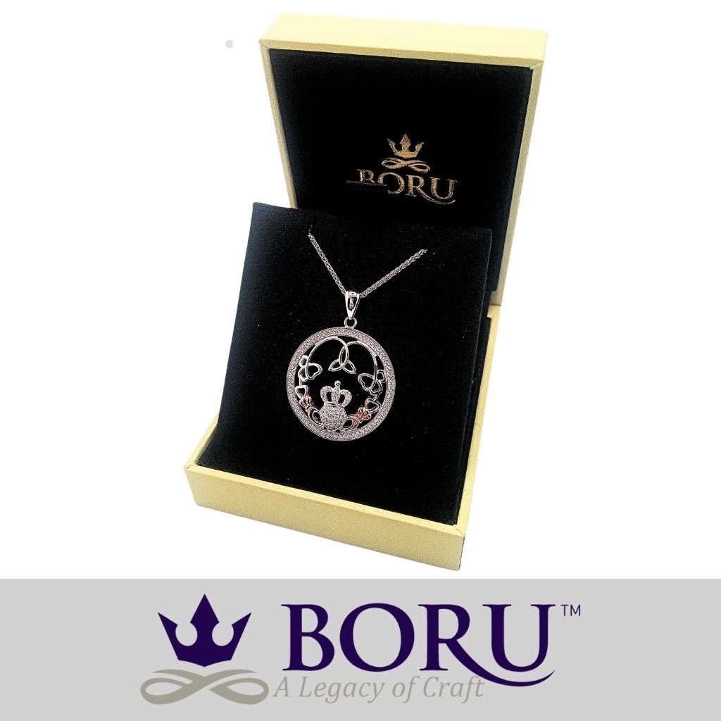 Sterling Silver Rose Gold Claddagh CZ Necklace