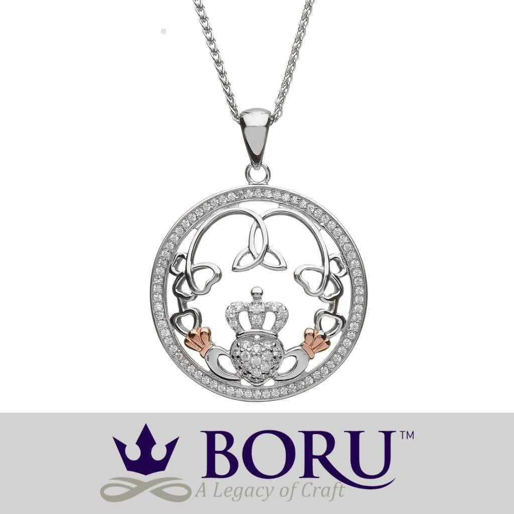 Sterling Silver Rose Gold Claddagh CZ Necklace