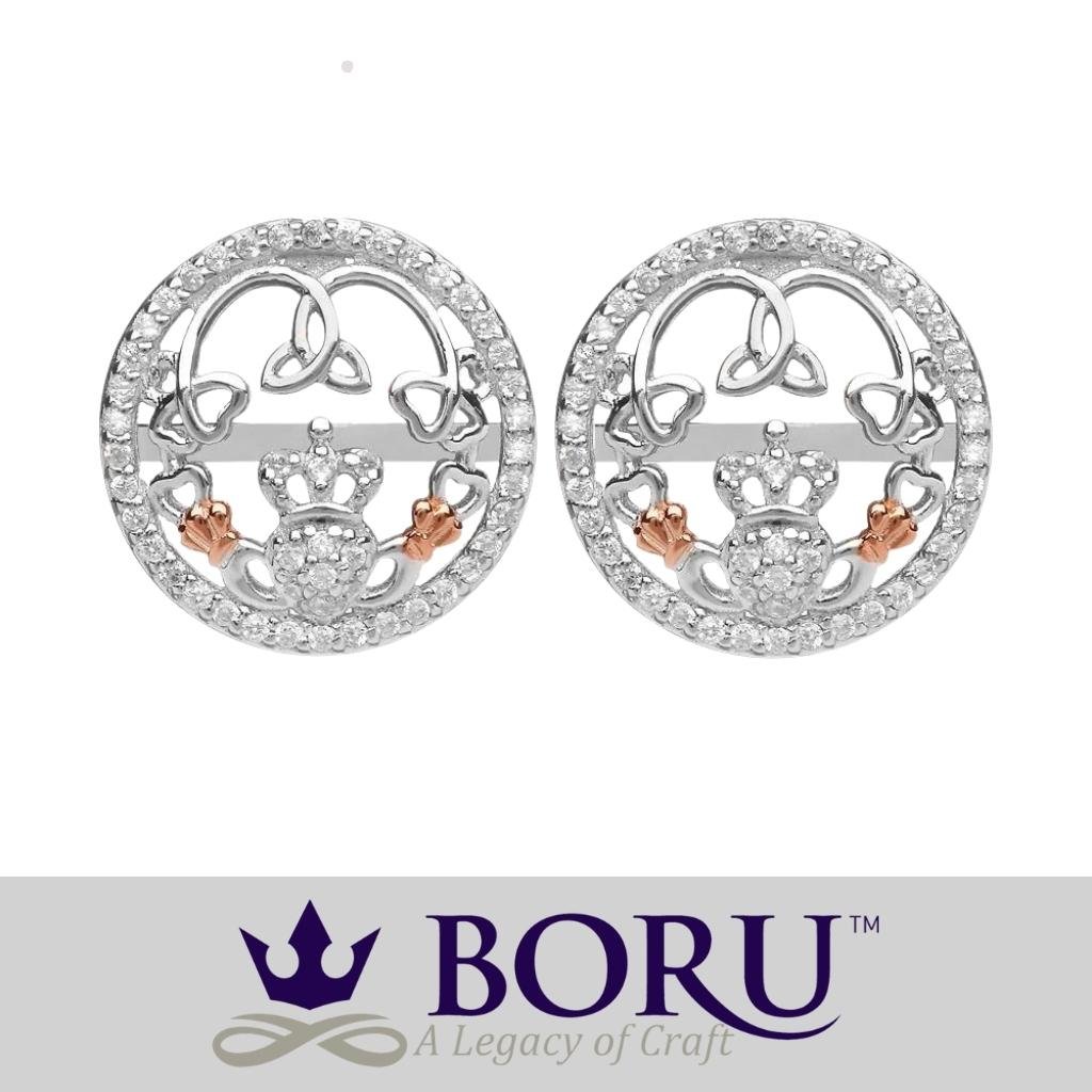 Sterling Silver Rose Gold Claddagh CZ Stud Earrings