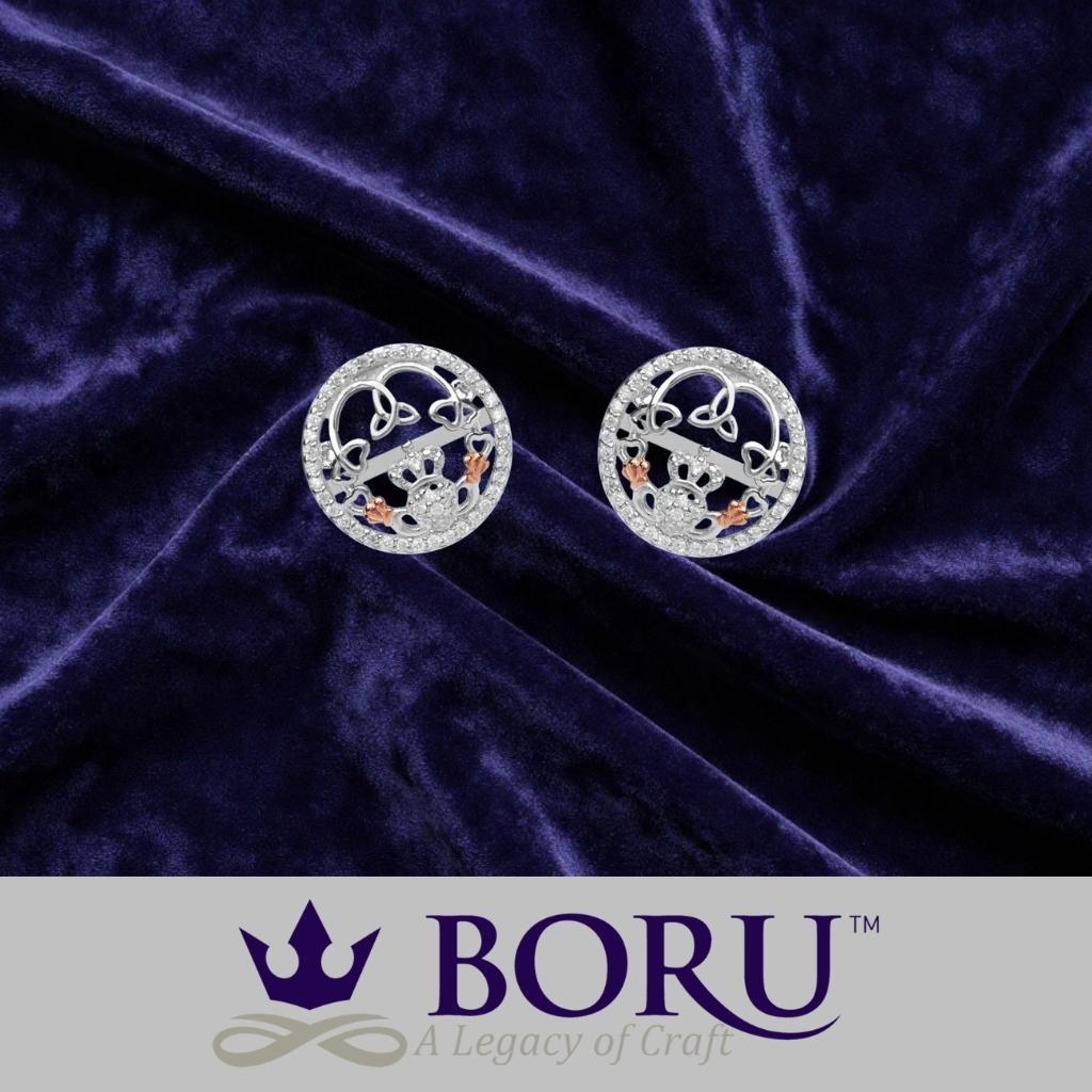 Sterling Silver Rose Gold Claddagh CZ Stud Earrings
