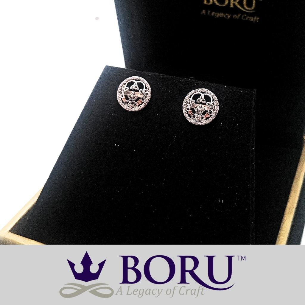 Sterling Silver Rose Gold Claddagh CZ Stud Earrings
