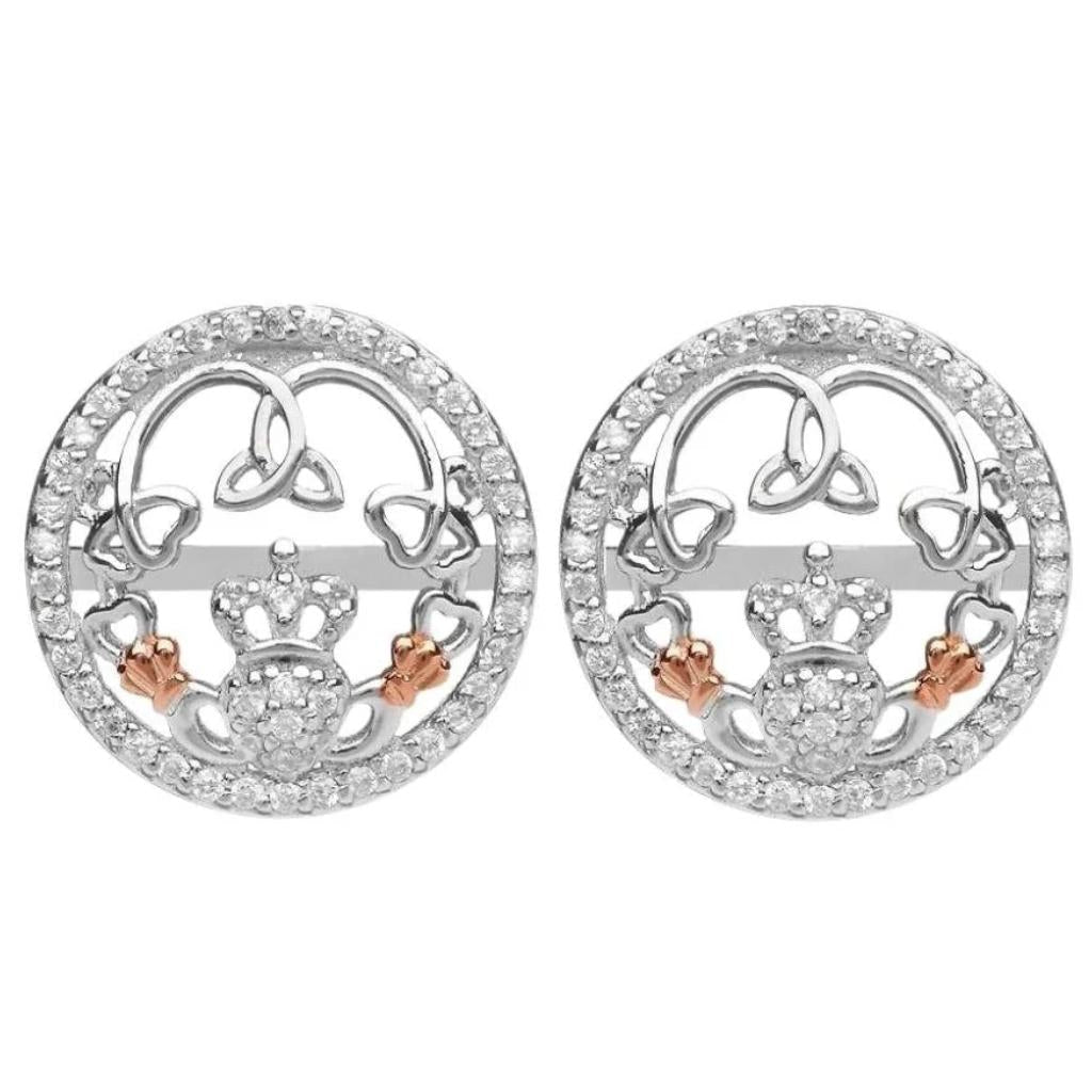 Sterling Silver Rose Gold Claddagh CZ Stud Earrings