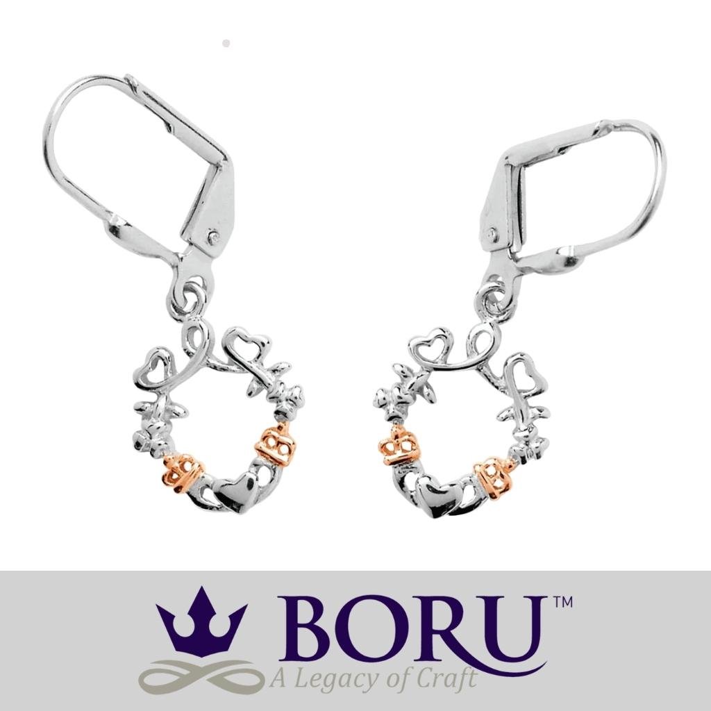 Sterling Silver Rose Gold Claddagh Drop Earrings