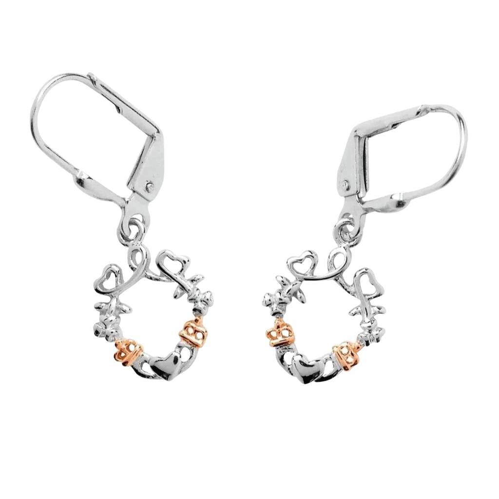 Sterling Silver Rose Gold Claddagh Drop Earrings