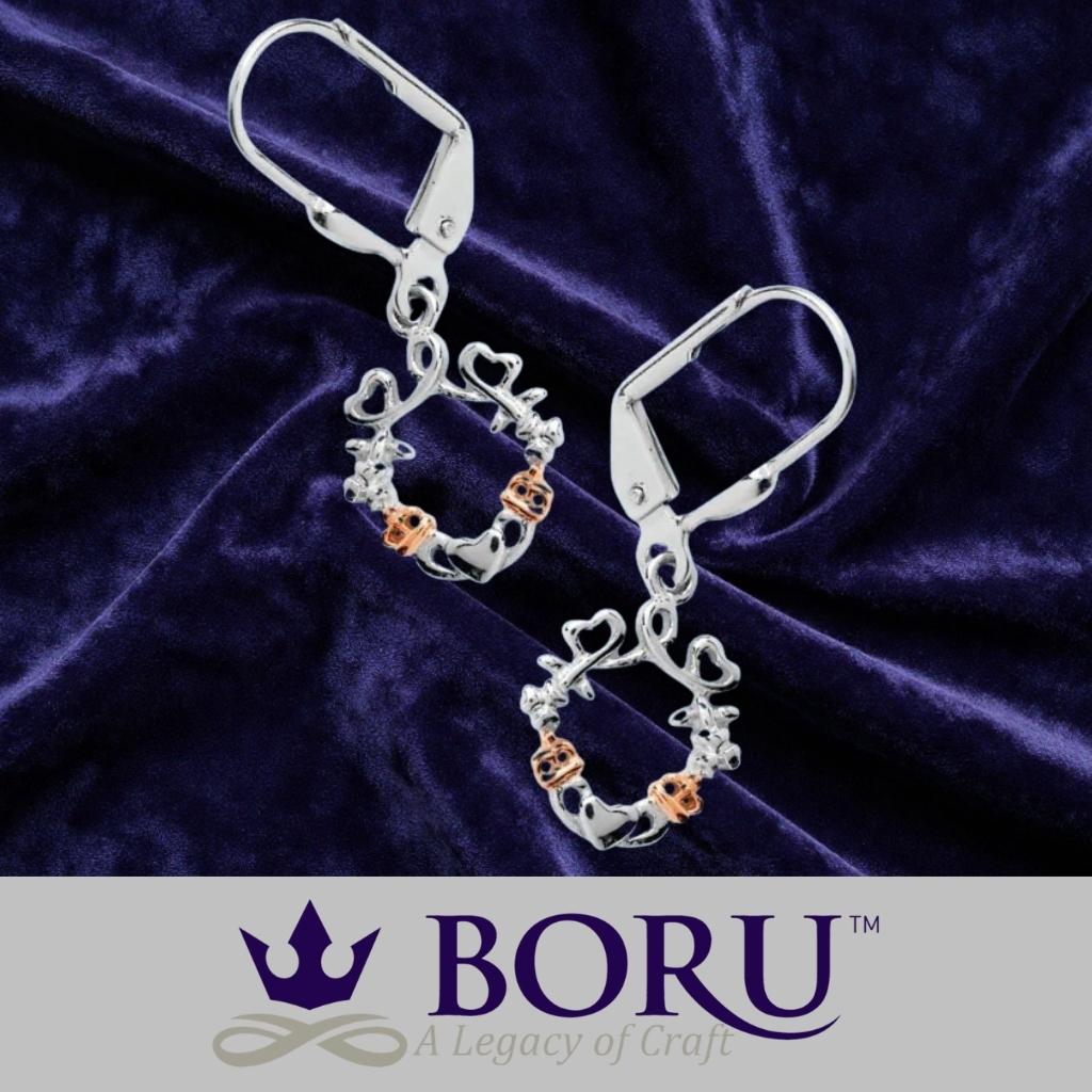 Sterling Silver Rose Gold Claddagh Drop Earrings