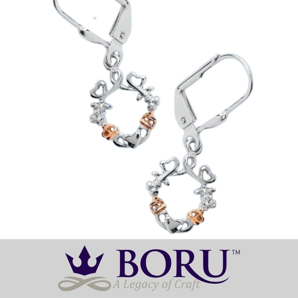 Sterling Silver Rose Gold Claddagh Drop Earrings