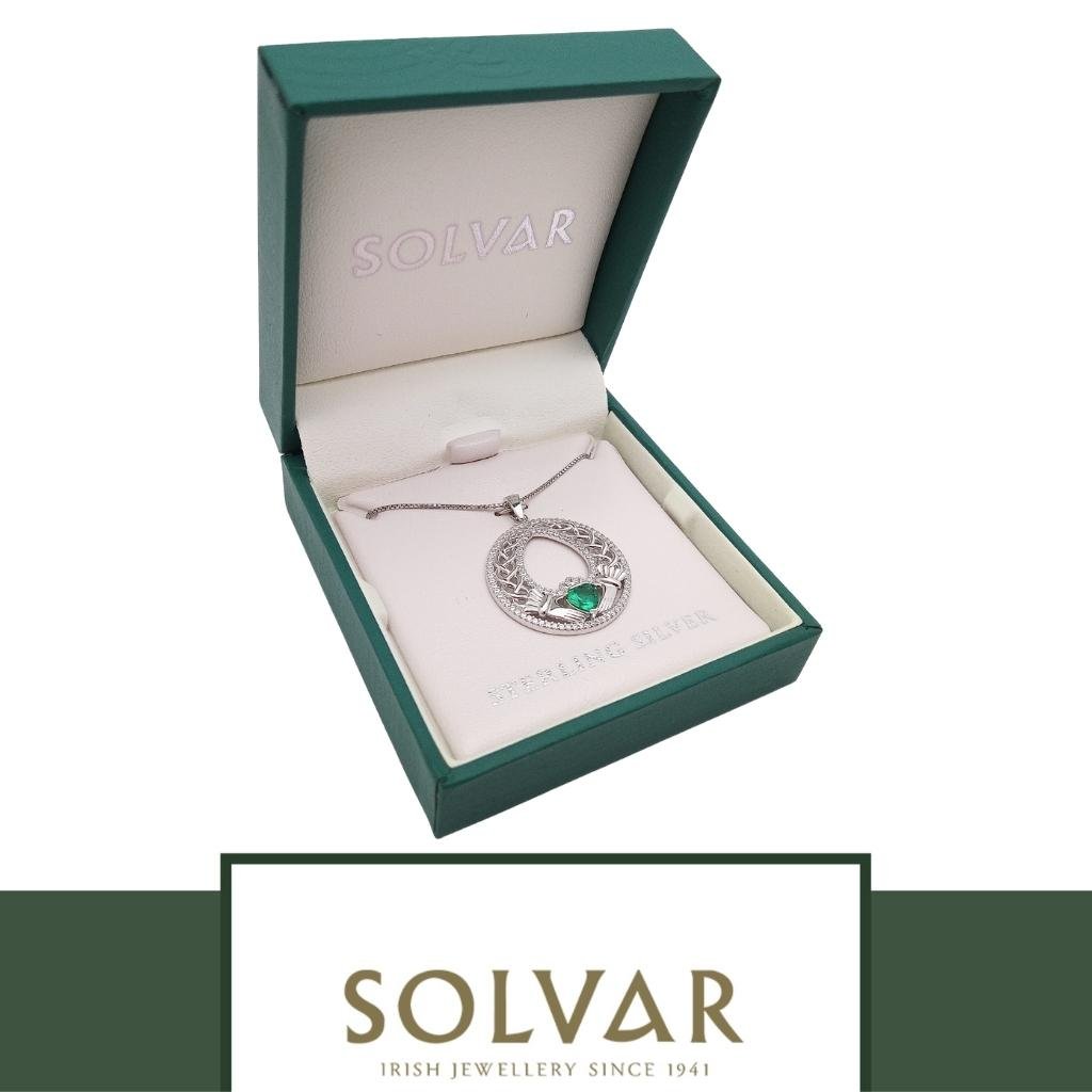 Sterling Silver Round Green Cz Celtic Claddagh Necklace by Solvar Jewelry - Necklaces