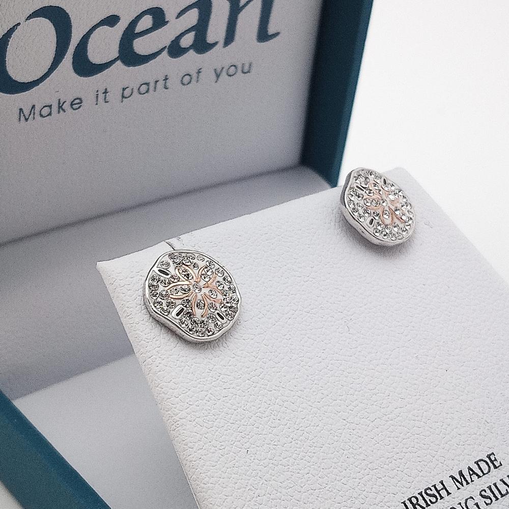 Sterling Silver Sand Dollar Stud Earrings with Clear Crystals