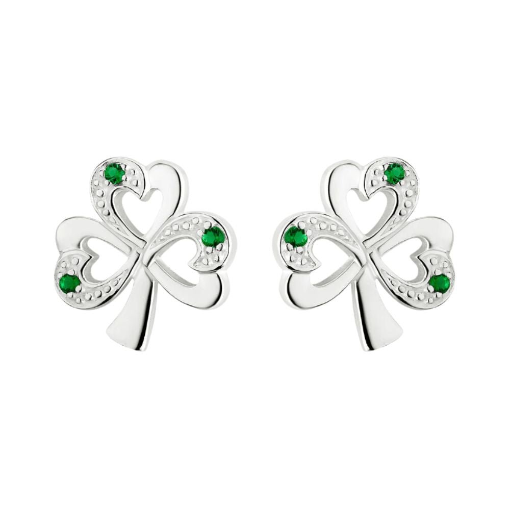 Sterling Silver Simulated Emerald Shamrock Stud Earrings - The Celtic Gift Store - Earrings