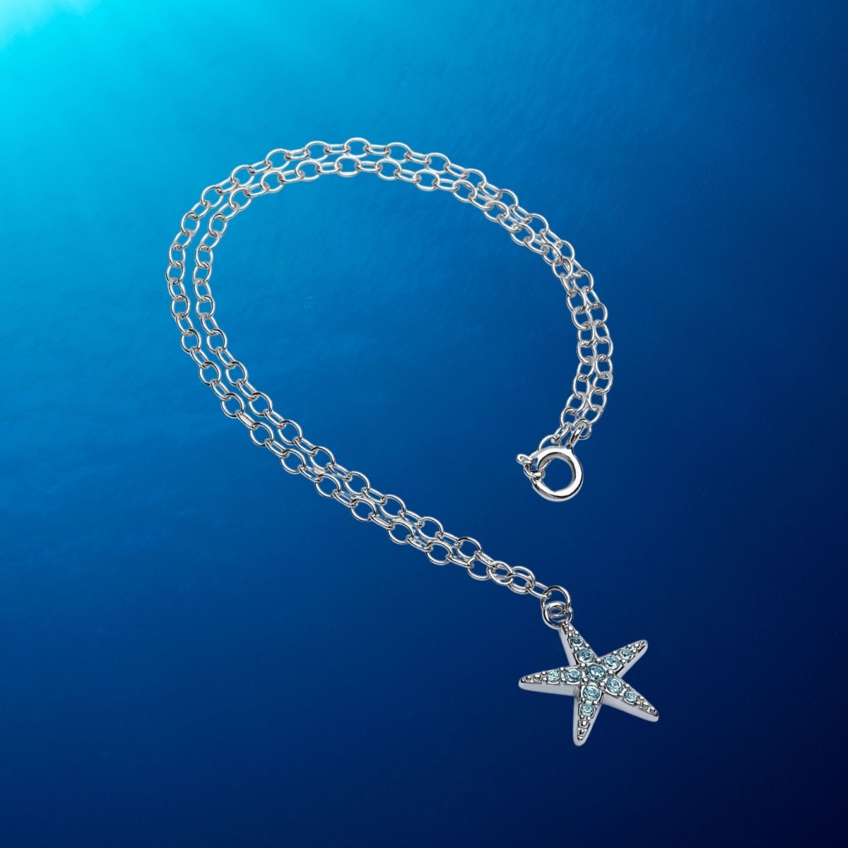 Sterling Silver Starfish Anklet with Aqua Crystals - The Celtic Gift Store - Anklets