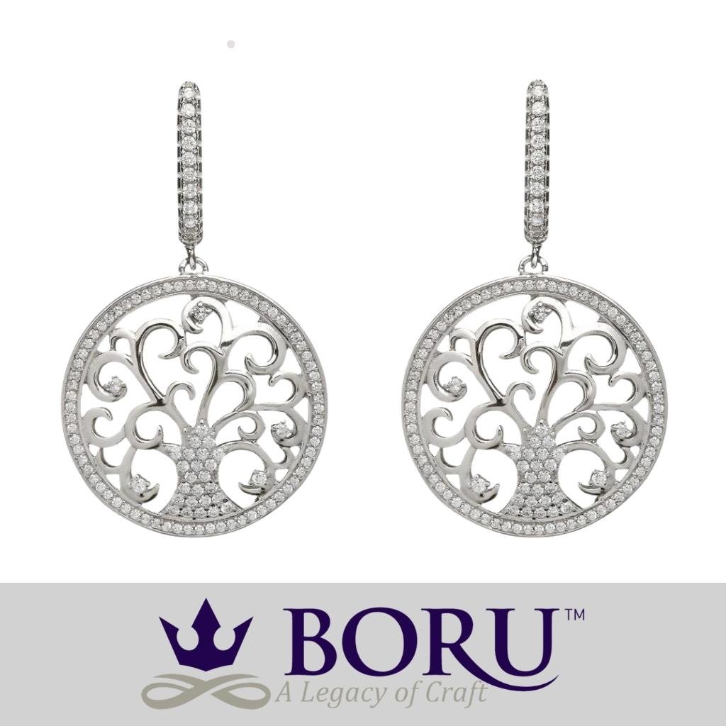 Sterling Silver Tree of Life Drop Earrings with CZ Stones