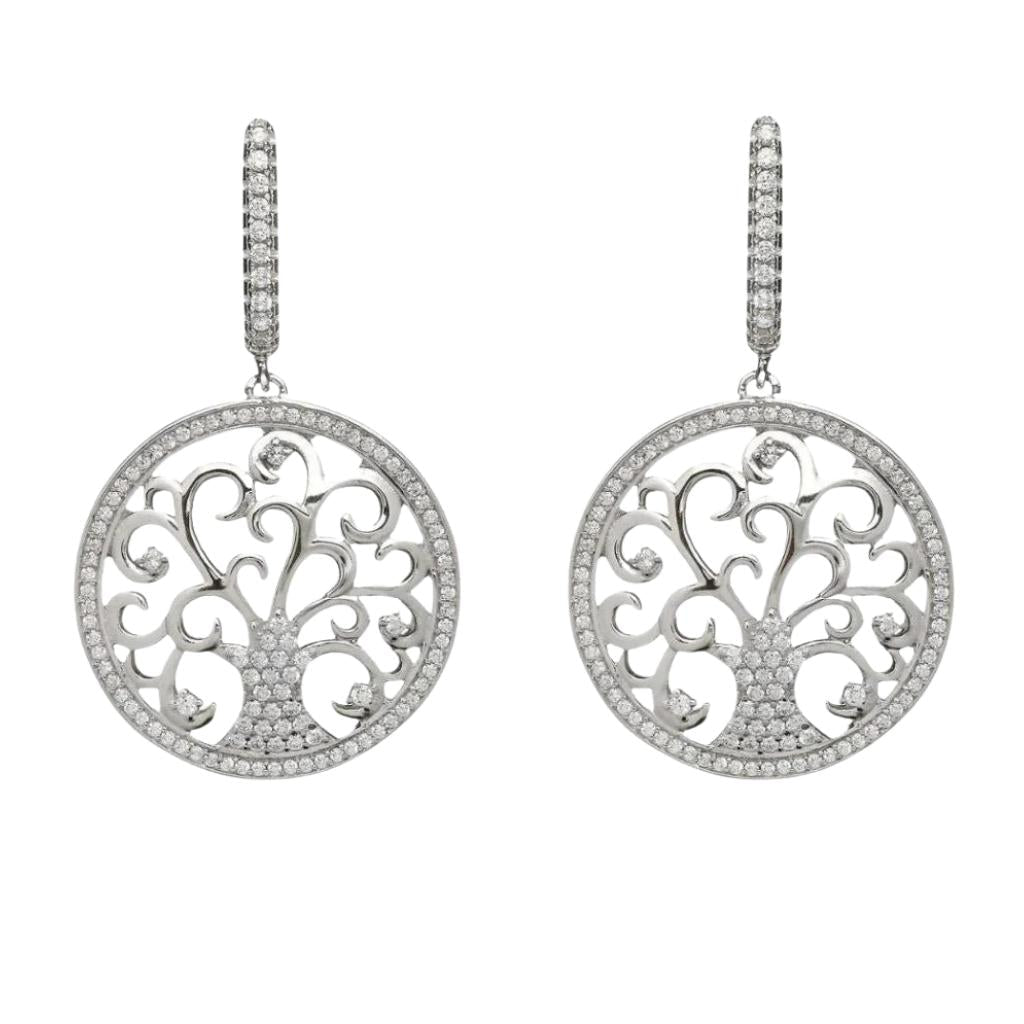 Sterling Silver Tree of Life Drop Earrings with CZ Stones