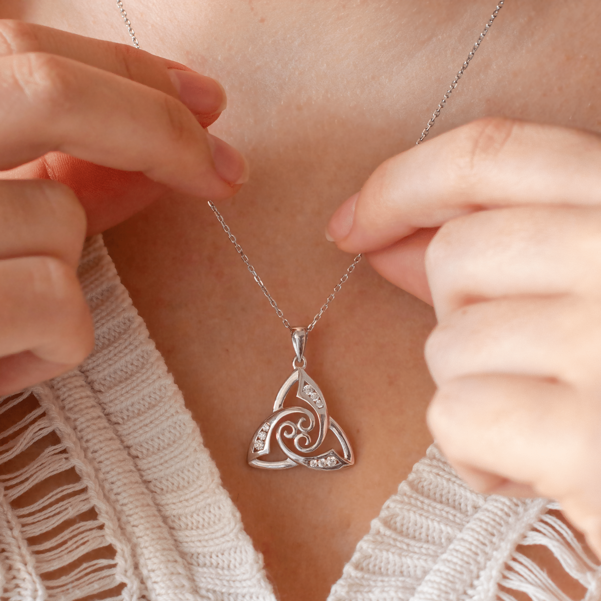 Sterling Silver Trinity Knot and Celtic Spiral Necklace with CZ - The Celtic Gift Store - Necklaces