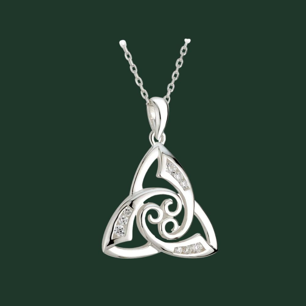 Sterling Silver Trinity Knot and Celtic Spiral Necklace with CZ