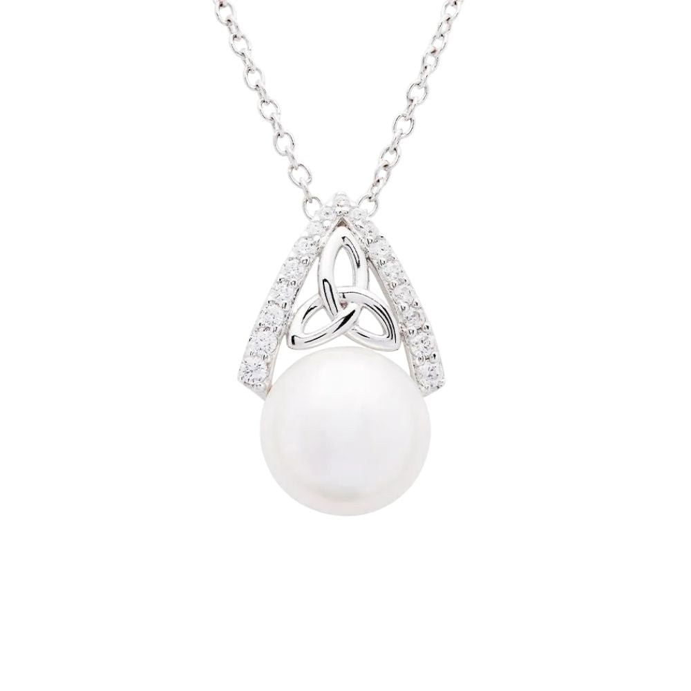 Sterling Silver Trinity Knot Capped Pearl Necklace