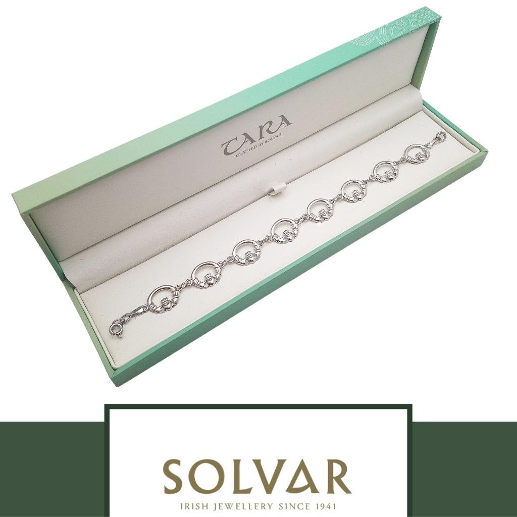 Tara Silver Claddagh Bracelet By Solvar Rhodium Plated Link Bracelet For Irish Heritage