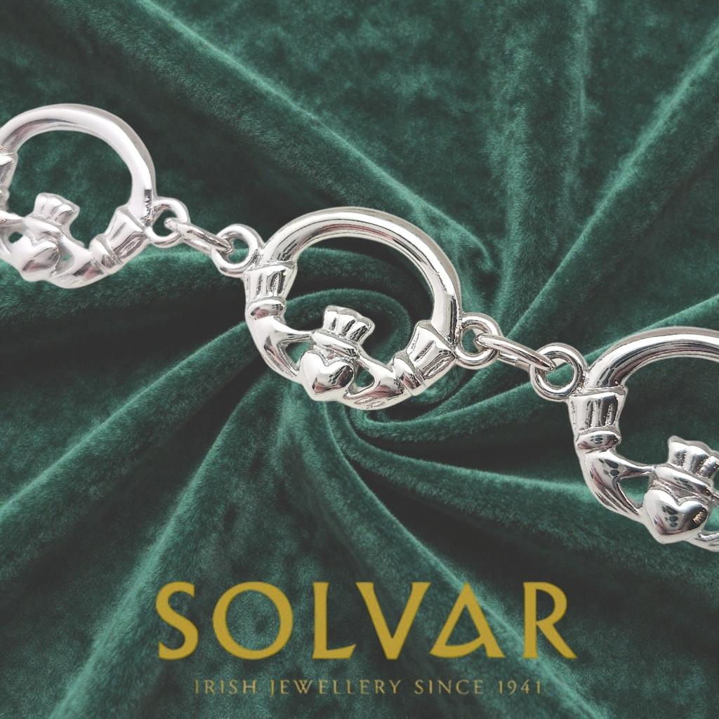 Tara Silver Claddagh Bracelet By Solvar Rhodium Plated Link Bracelet For Irish Heritage