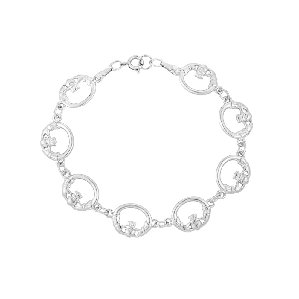 Tara Silver Claddagh Bracelet with rhodium-plated circular Claddagh motifs on a linked chain