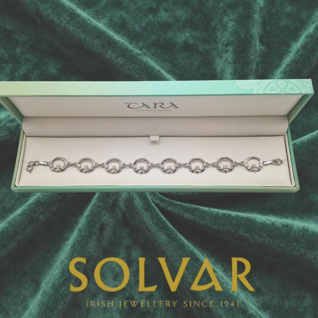 Tara Silver Claddagh Bracelet By Solvar Rhodium Plated Link Bracelet For Irish Heritage