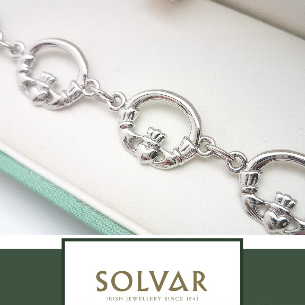 Tara Silver Claddagh Bracelet By Solvar Rhodium Plated Link Bracelet For Irish Heritage