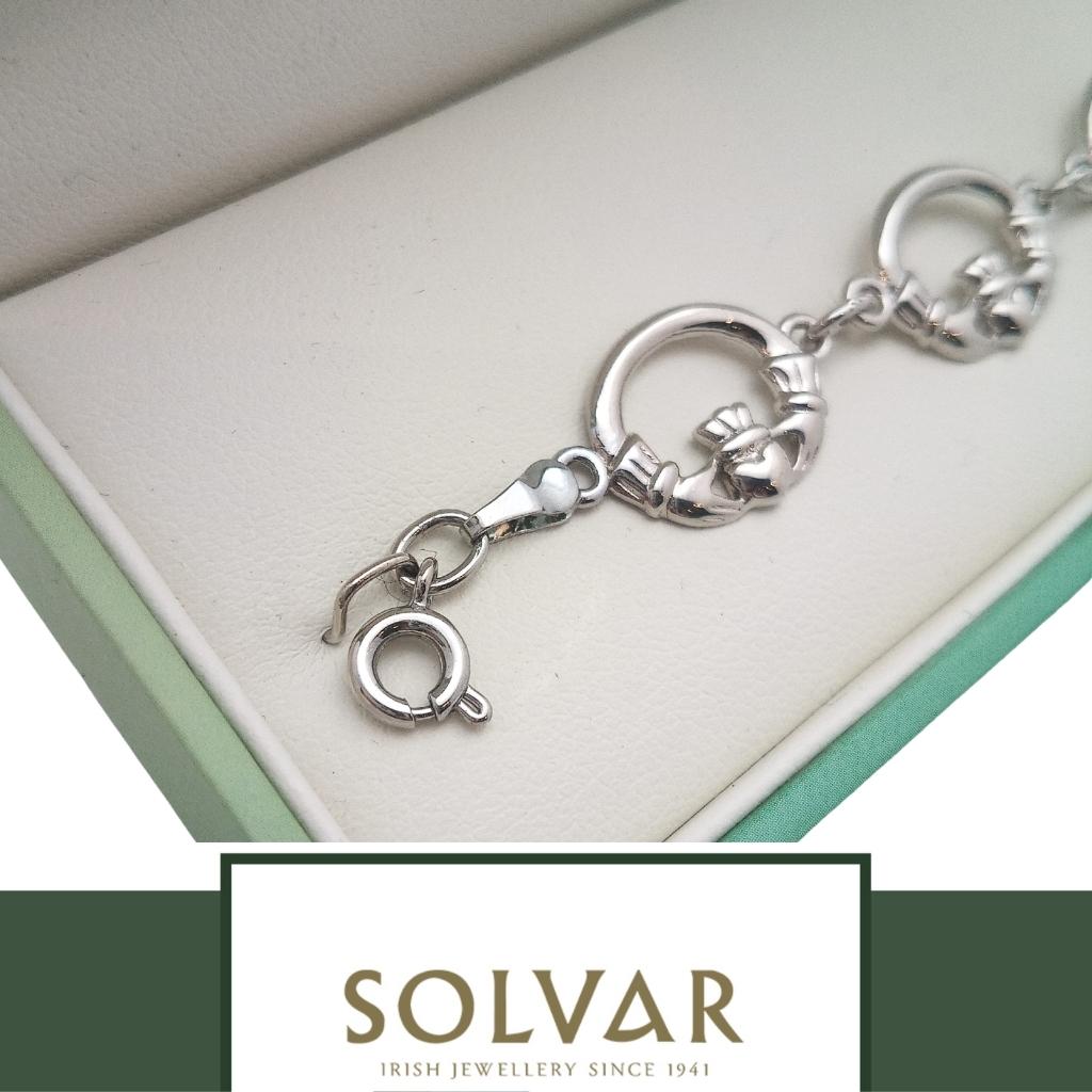 Tara Silver Claddagh Bracelet By Solvar Rhodium Plated Link Bracelet For Irish Heritage