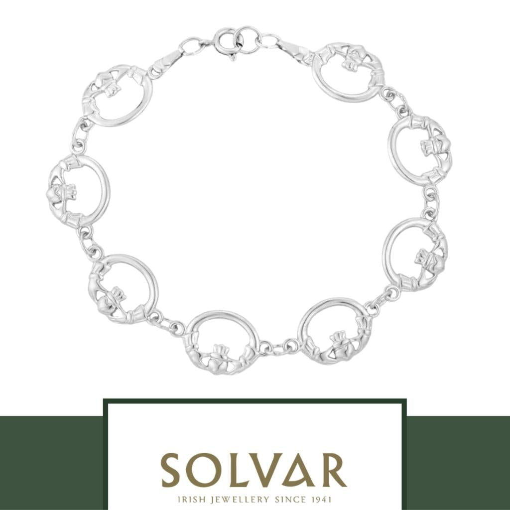 Tara Silver Claddagh Bracelet By Solvar Rhodium Plated Link Bracelet For Irish Heritage