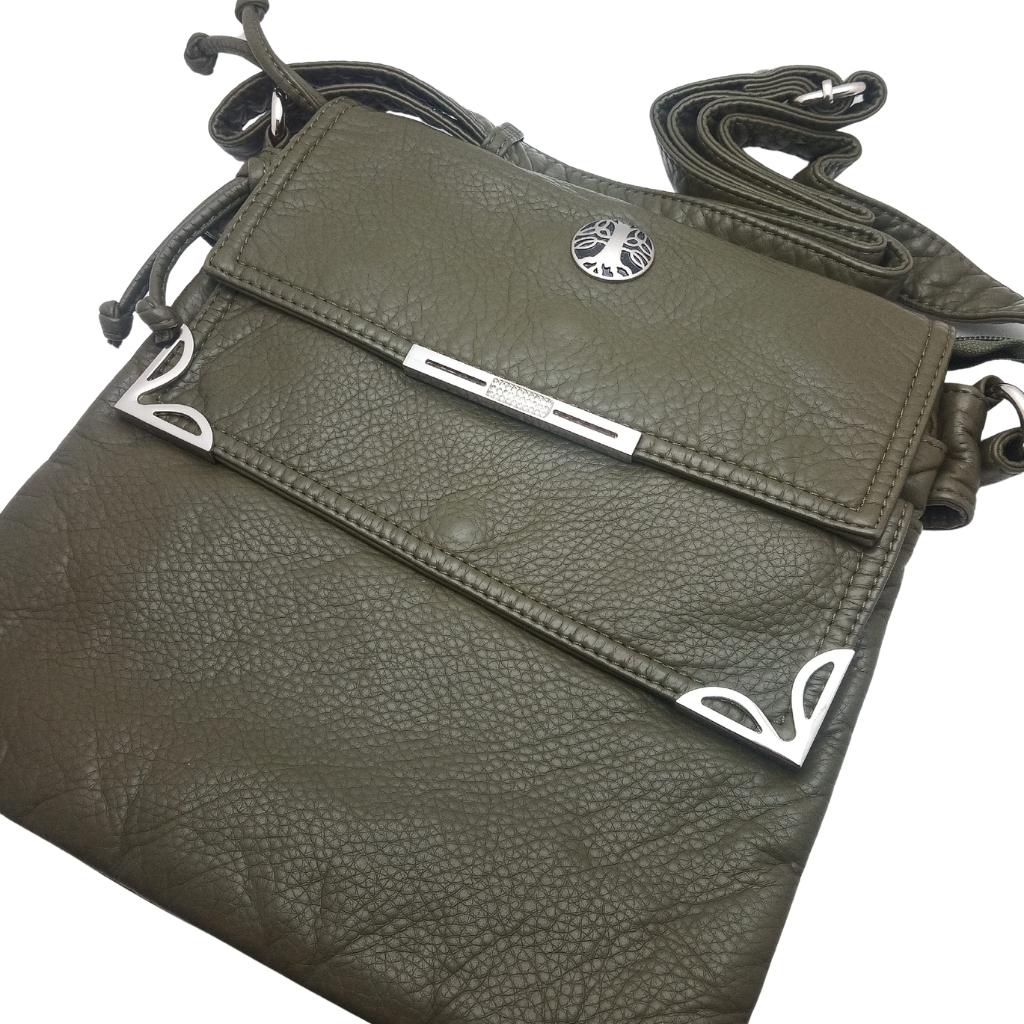 Tree of Life Double Flap Crossbody Bag- Olive Green