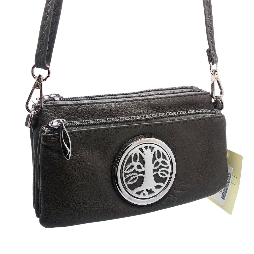 Tree of Life Tri Zip Pocket Bag- Dark Grey