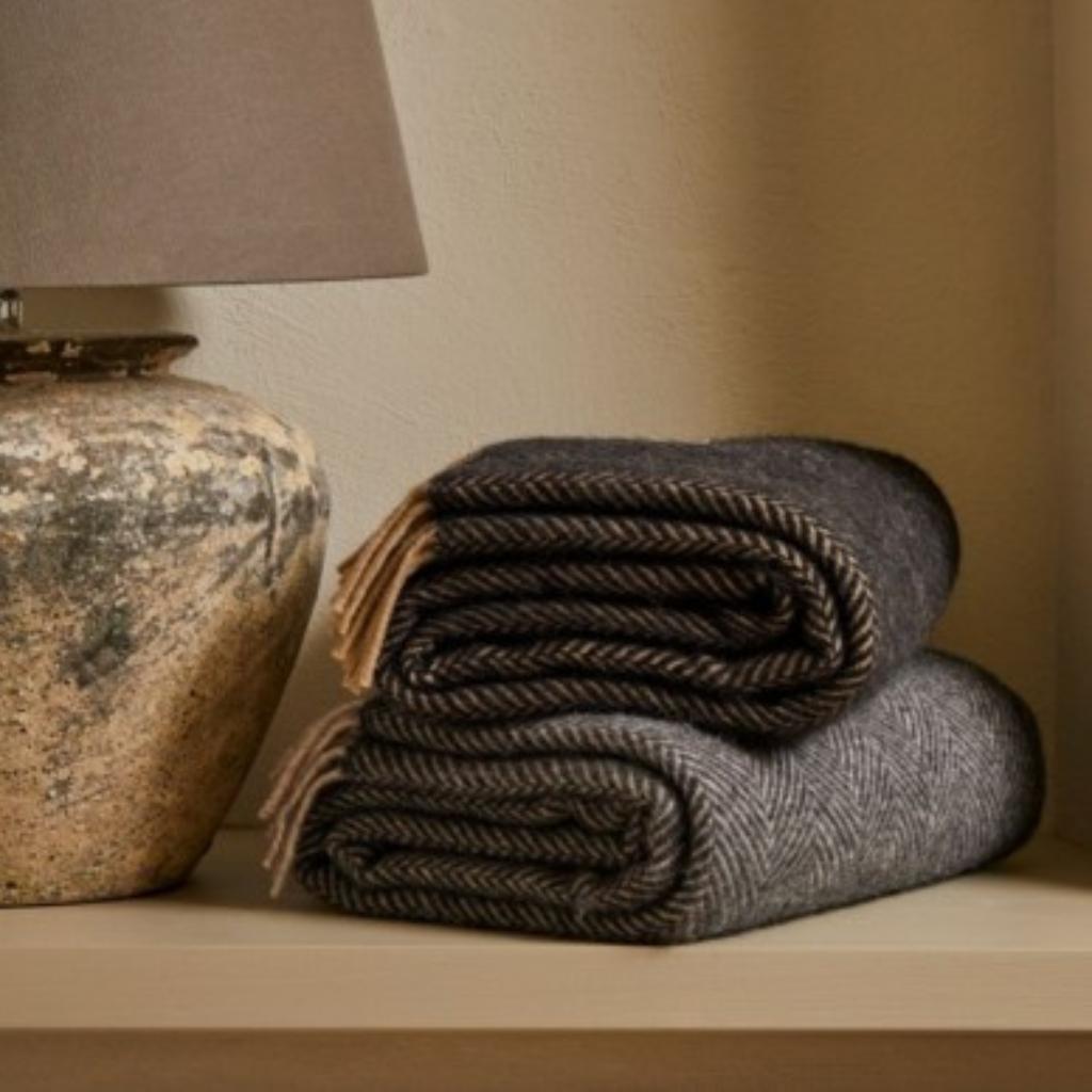 Tweedmill Charcoal and Silver Herringbone Wool Throw Expertly Crafted from 100% Pure Wool