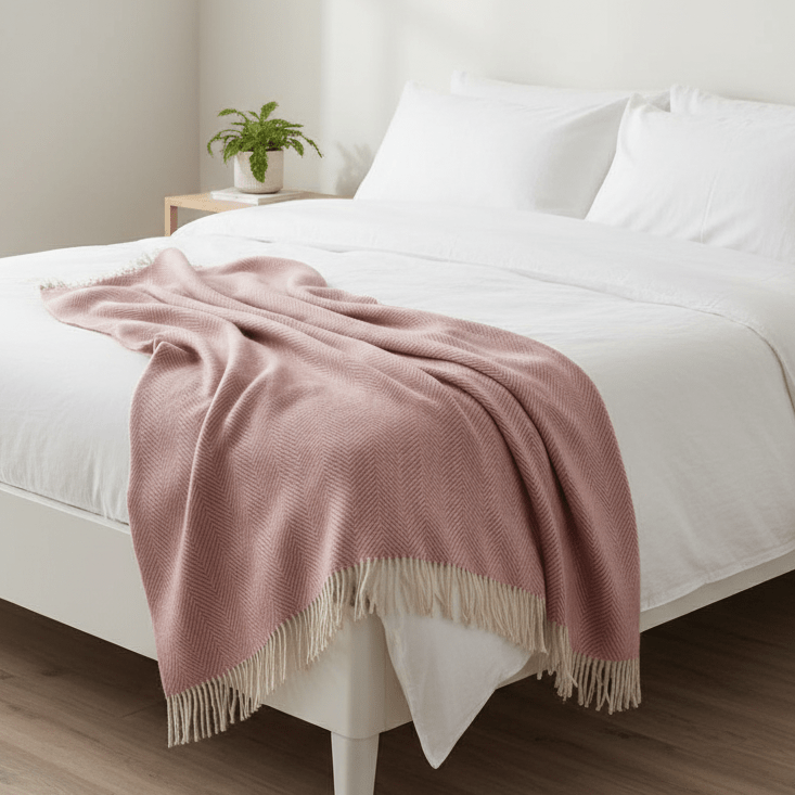 Tweedmill Dusty Pink and Pearl Herringbone Wool Throw Expertly Crafted from 100% Pure Wool