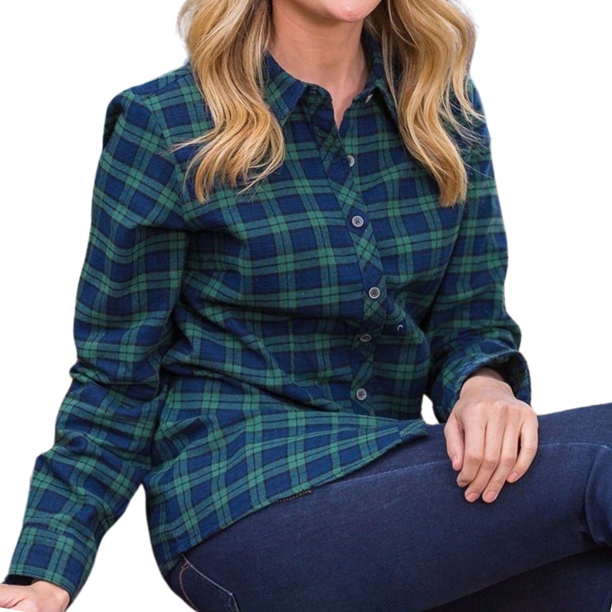Women's Irish Fitted Flannel Shirt - Green and Navy Tartan