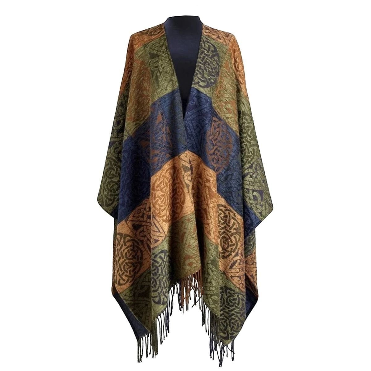 Jacquard Celtic Knot Ruana Shawl - Blue/Green/Brown