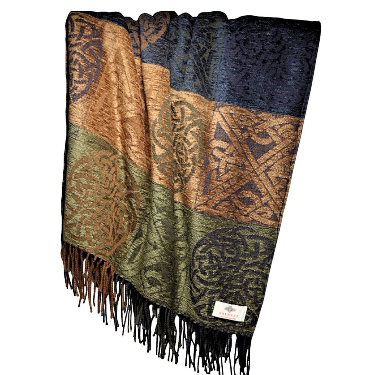 Jacquard Celtic Knot Ruana Shawl - Blue/Green/Brown