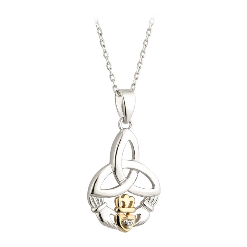 10K Gold and Sterling Silver Diamond Trinity Knot Claddagh Necklace - The Celtic Gift Store - Necklaces