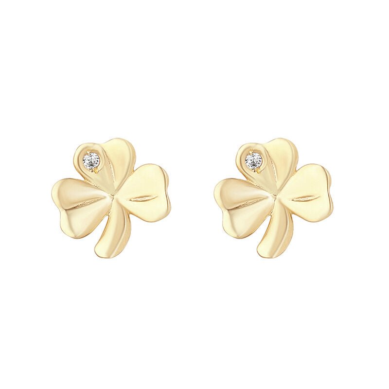 10K Gold Shamrock Stud Earrings - Single CZ Stone - The Celtic Gift Store - Earrings