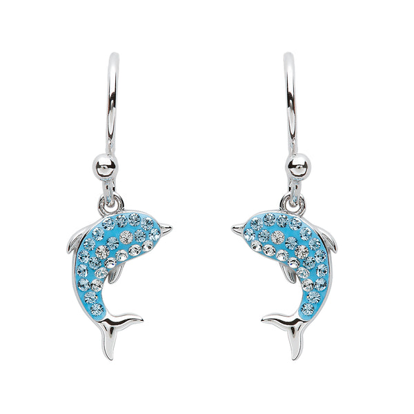 Dolphin Drop Earrings With Aqua Crystals