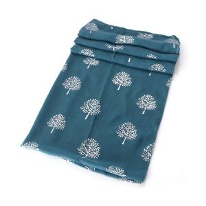 Light Summer Scarf with Silver Tree of Life Pattern Teal Blue