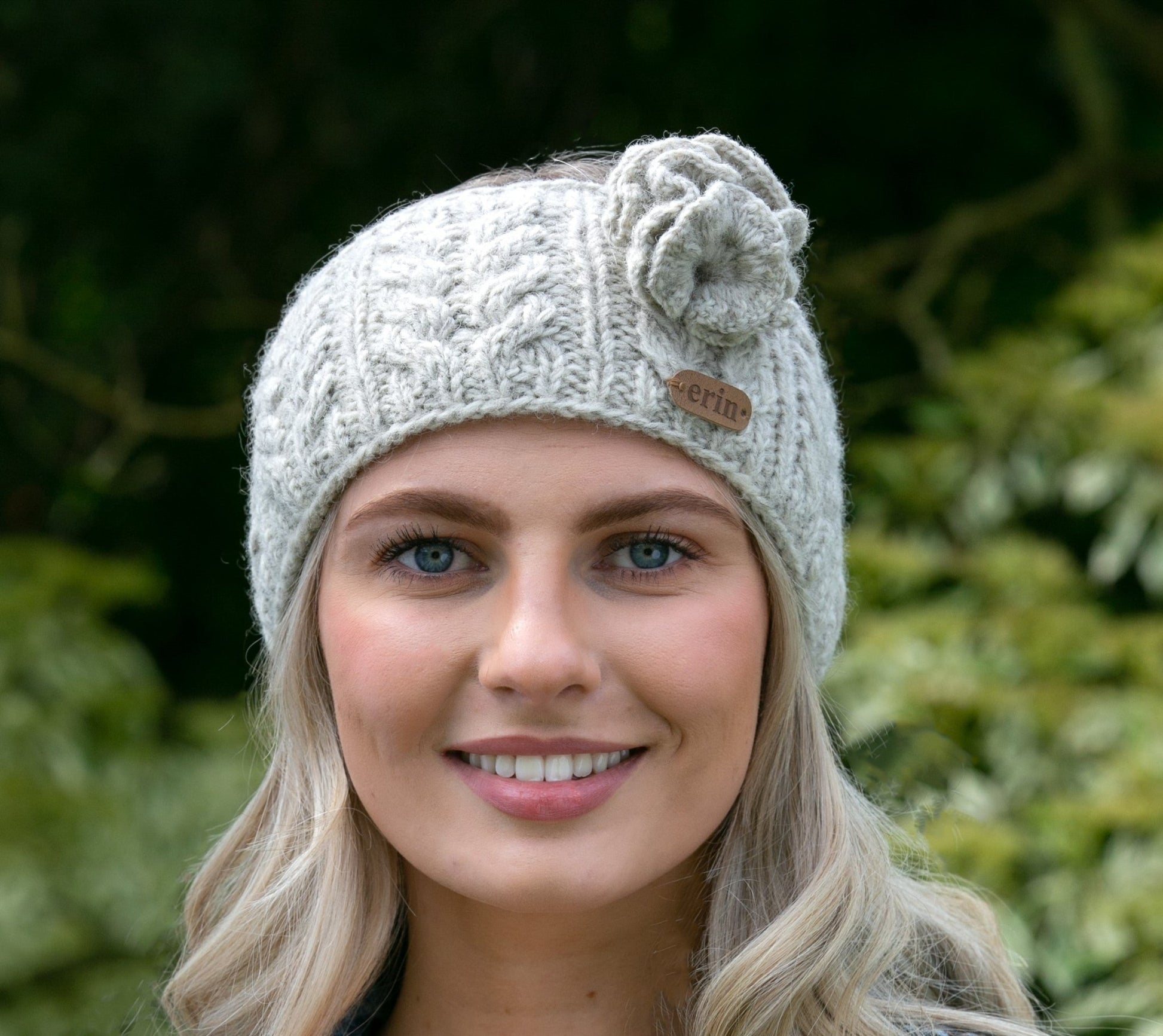 Aran Cable Knitted Wool Headband with Flower - Oatmeal - The Celtic Gift Store - Clothing Accessories