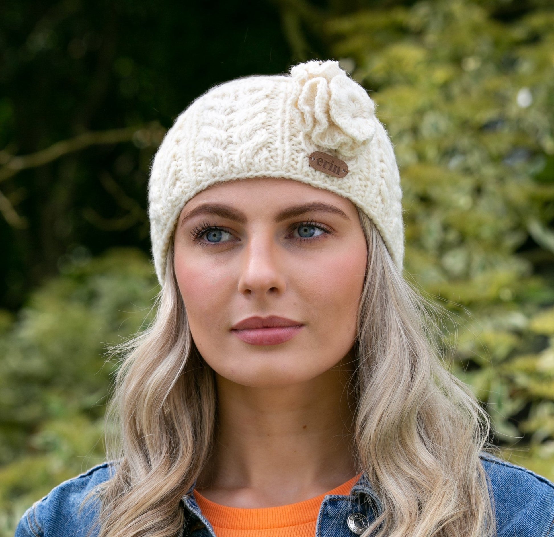 Aran Cable Knitted Wool Headband with Flower - White - The Celtic Gift Store - Clothing Accessories