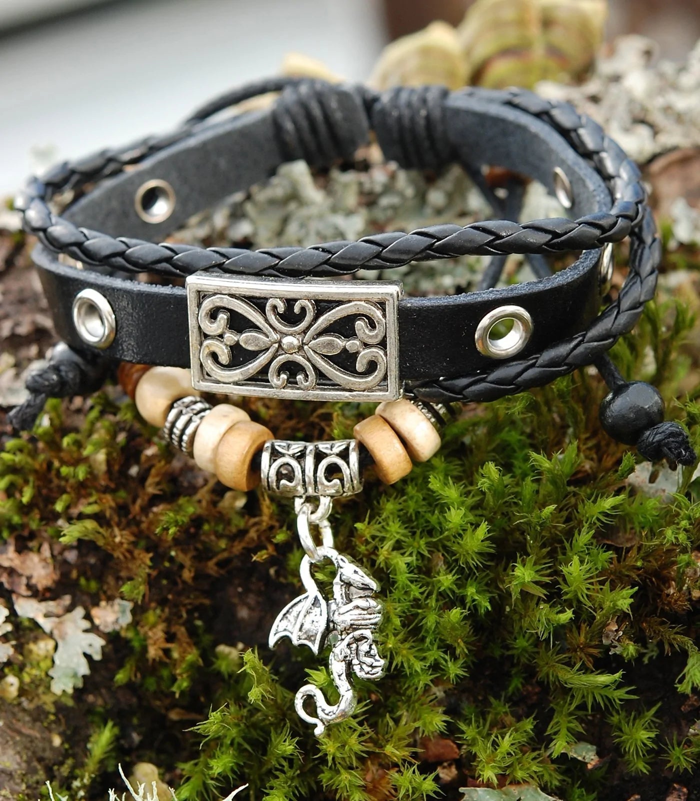 Black Leather Bracelet with Celtic Dragon - The Celtic Gift Store - bracelets