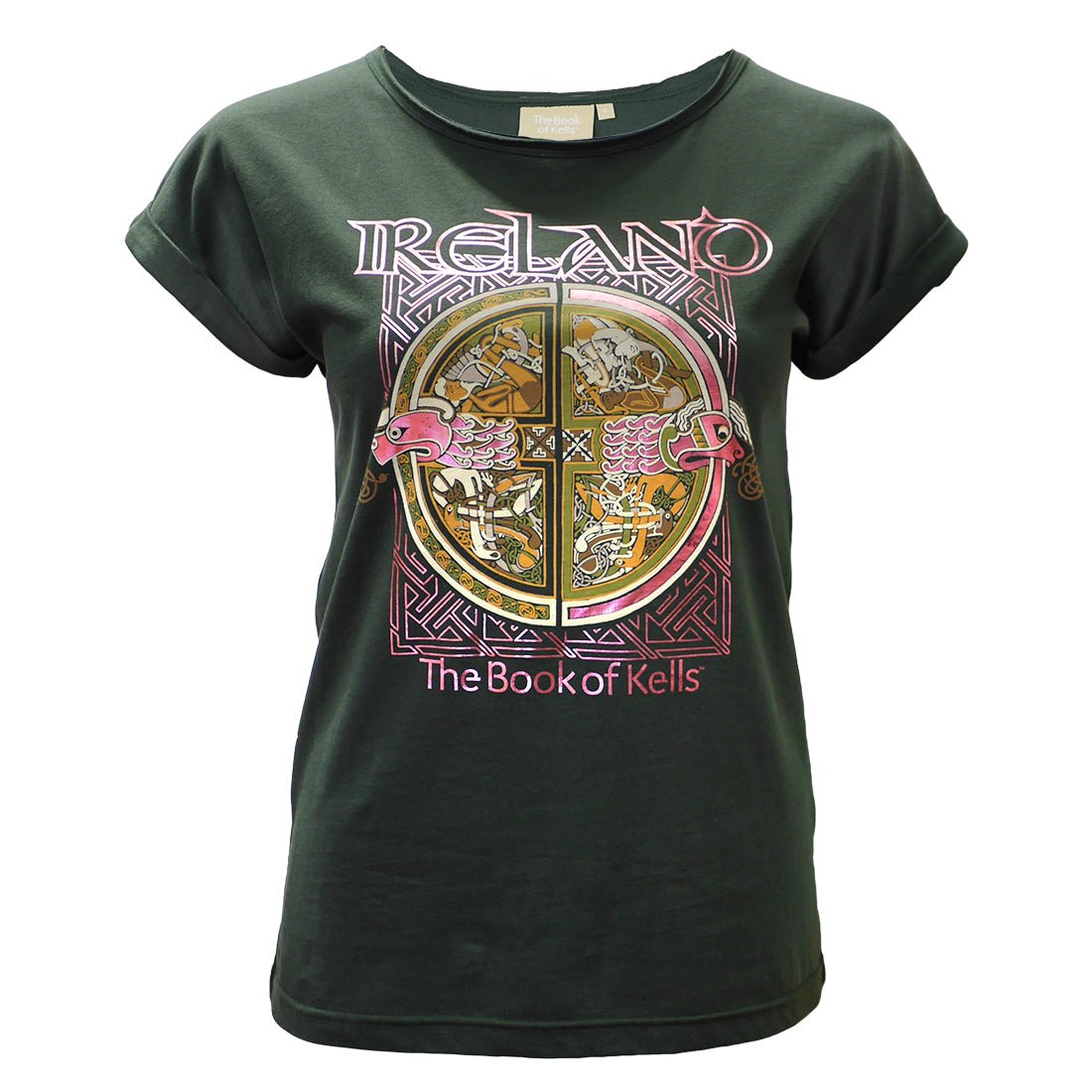 Book of Kells Green and Rose Gold Foiling Ireland Ladies T-Shirt - The Celtic Gift Store - Clothing