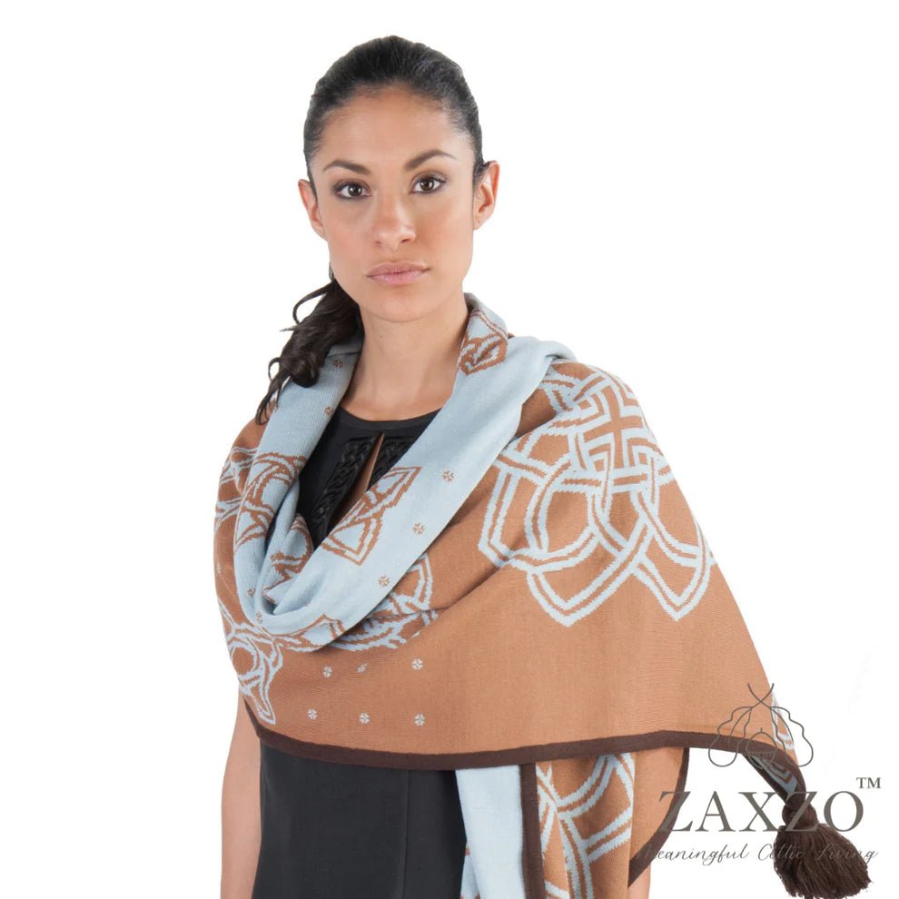 Camel Flower Rectangular Shawl/Wrap with Powder Blue and Brown Accents - The Celtic Gift Store - 