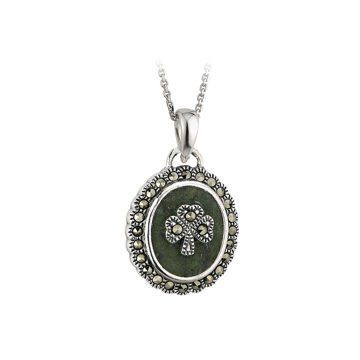 Connemara Marble and Marcasite Oval Shamrock Necklace - The Celtic Gift Store - Necklaces