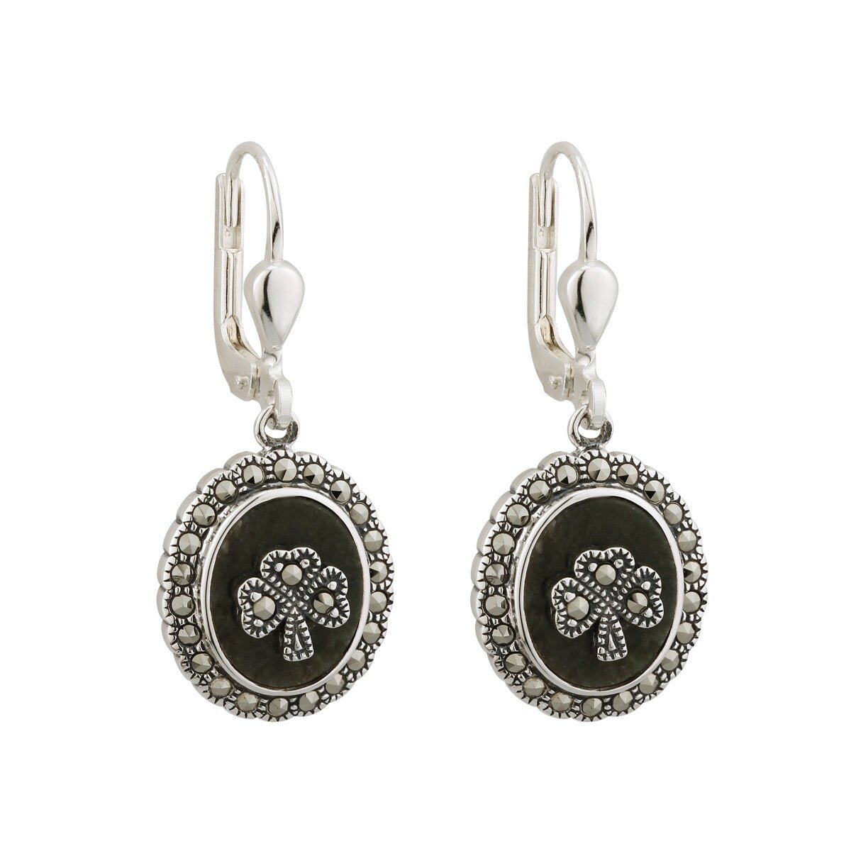Connemara Marble and Marcasite Round Shamrock Drop Earrings - The Celtic Gift Store - Earrings