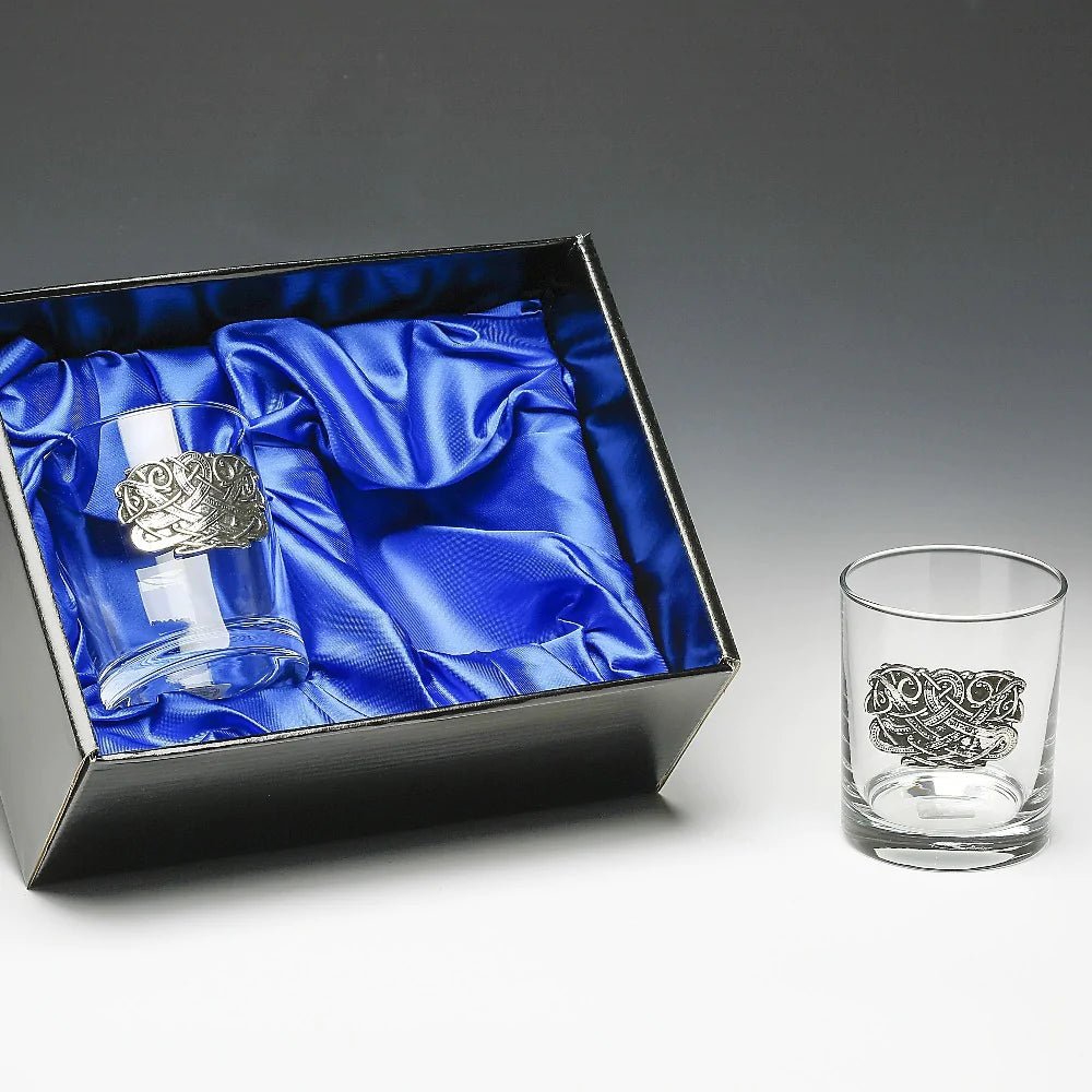 Drinks Tumbler Glass Set of 2 with pewter emblem - Celtic Design - The Celtic Gift Store - 