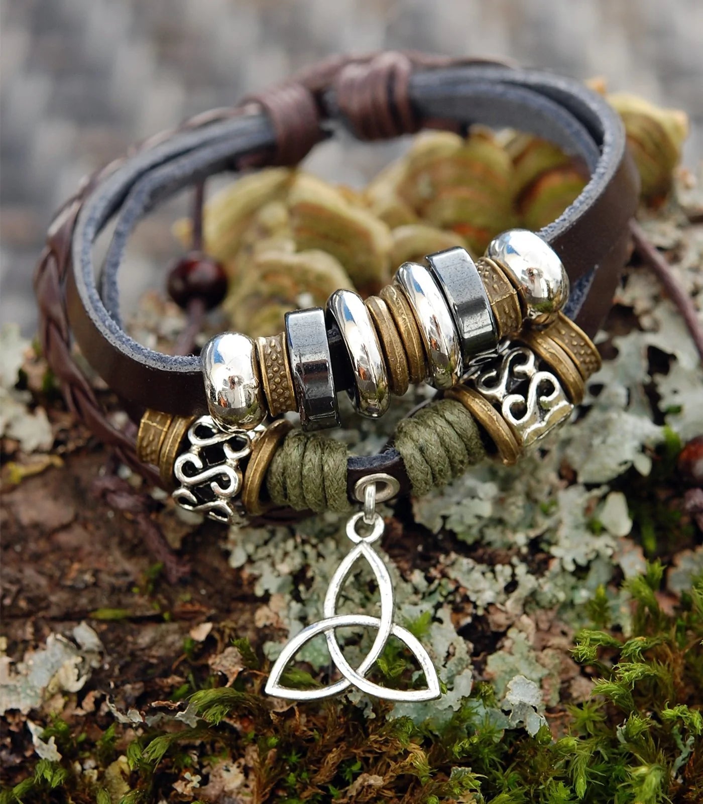 Espresso Leather with Green Details and Trinity Knot Drop - The Celtic Gift Store - bracelets